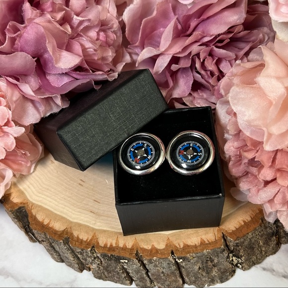 Unique Round Black and Blue Navigation Compass Silver Cufflinks - Picture 14 of 17